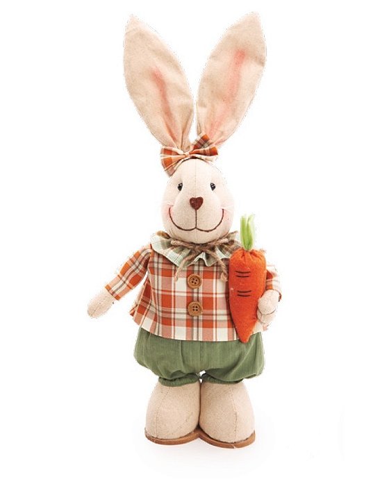 Coelha de Algodão em Pé com Blusa Xadrez Verde e Laranja 45x18x10 - Ref 1019108F Cromus