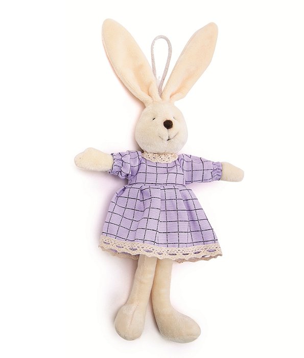 Mini Coelha De Pelúcia com Roupa Quadriculada Lilás 30x15x4cm - Ref 1023209 Cromus
