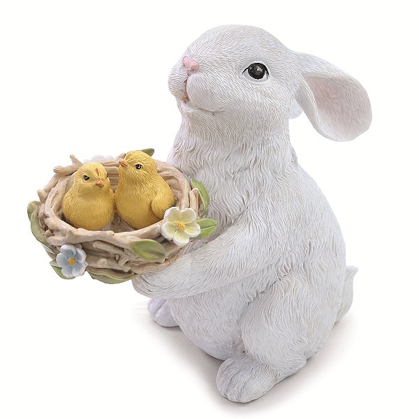 Coelho Branco de Resina com Ninho de Passarinhos 18.5x10x18.5cm - Ref 1018471 Cromus