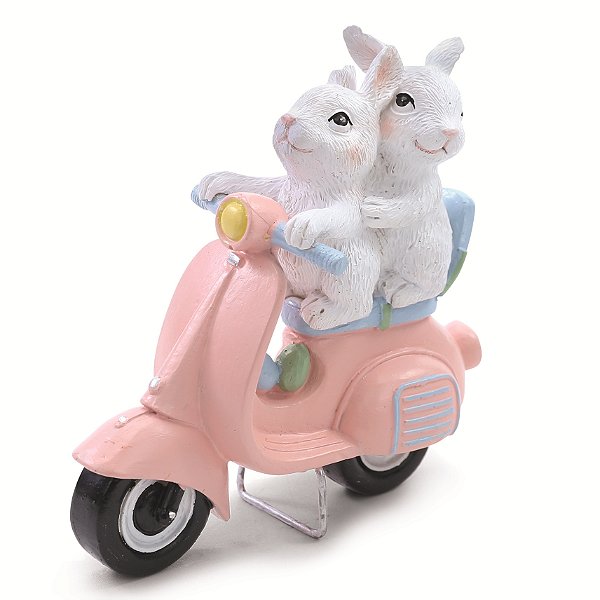 Casal de Coelhos de Resina na Lambreta Rosa 14x13.5cm - Ref 1018376 Cromus