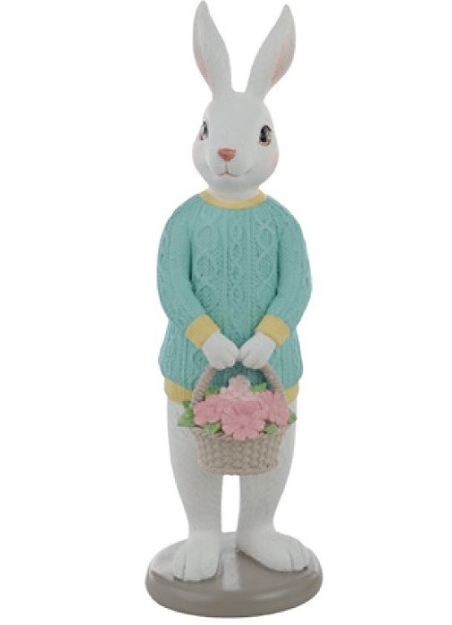 Coelho Branco de Resina com Cesta de Flores 23x7.5cm - Cute Family - Ref 1098986 Cromus