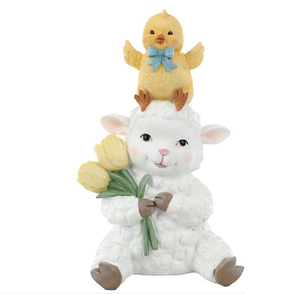 Ovelha de Resina Sentada Segurando Flores e com Pintinho na Cabeça 29x16x18cm - Ref 1059482 Cromus