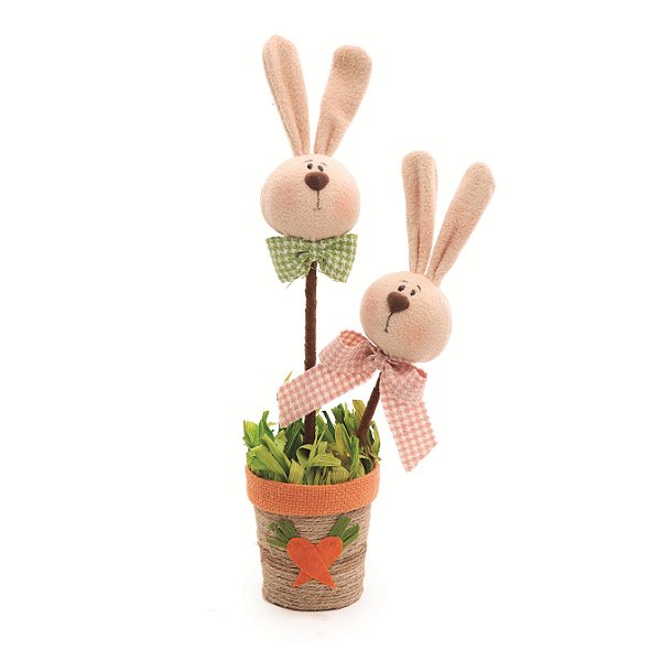 Vaso com Duas Cabeças de Coelho e Palha 42x17x10cm - Terracota - Ref 1016042 Cromus