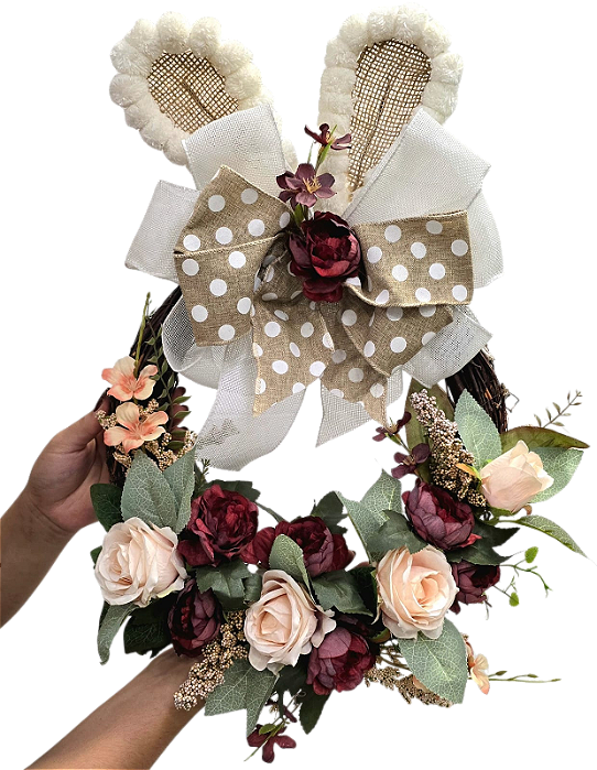Guirlanda de Páscoa Flores Marsala e Rose com Orelhas Coelho 30x48cm - CCS Decorações