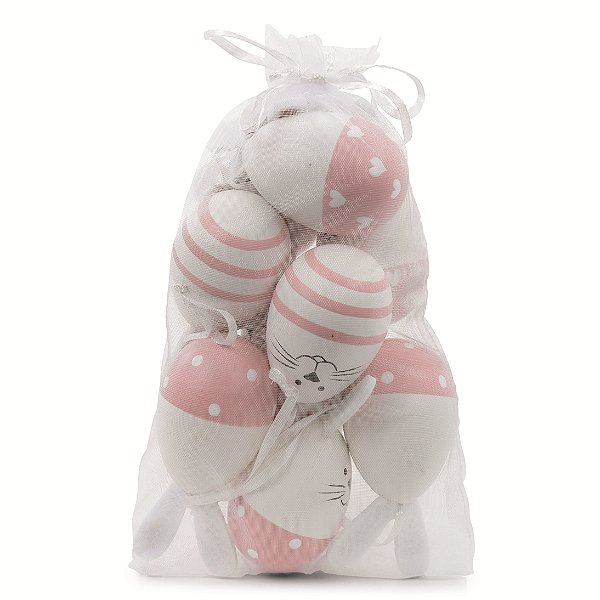 Ovos Para Pendurar Tipo Galinha Coelho Branco e Rosa 9un - Ref 1025505 Cromus