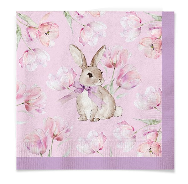 Guardanapo de Papel Decorado Páscoa Coelho com Flores Lilás 33cm com 20Un - Ref 1096608 Cromus
