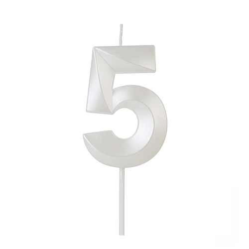 Vela de Aniversário Design Branco Perolado Número 5 - Silver