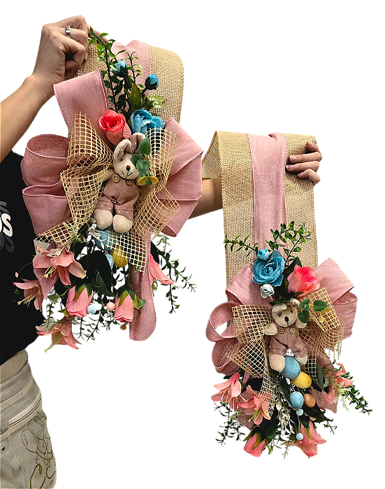 Escapulário de Páscoa Rosa e Cru com acabamento de Mini Coelho 25x150cm - CCS Decorações