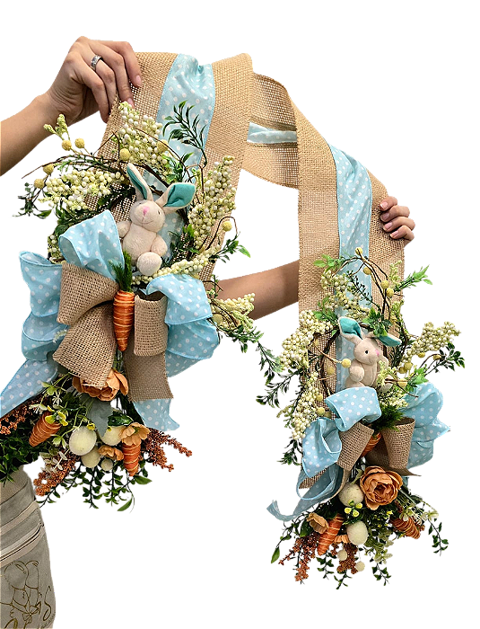 Escapulário de Páscoa Azul e Laranja com Mini Guirlanda e Coelho 25x150cm - CCS Decorações