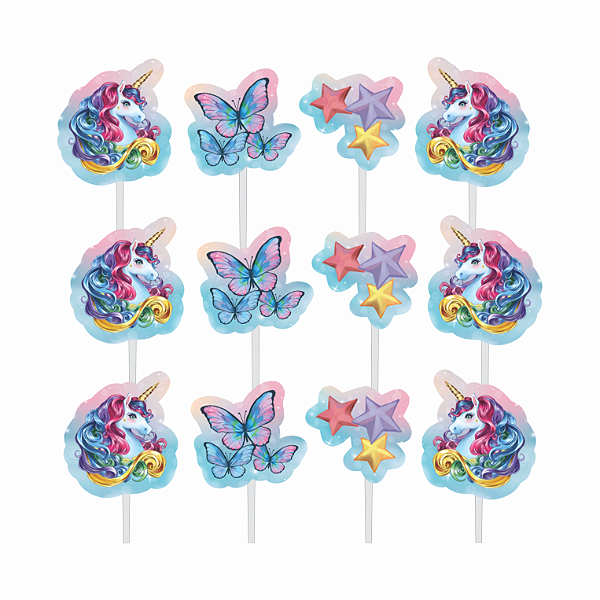 Palitos Decorados Impresso Unicórnio com 12 Un - Ref 118068 Piffer