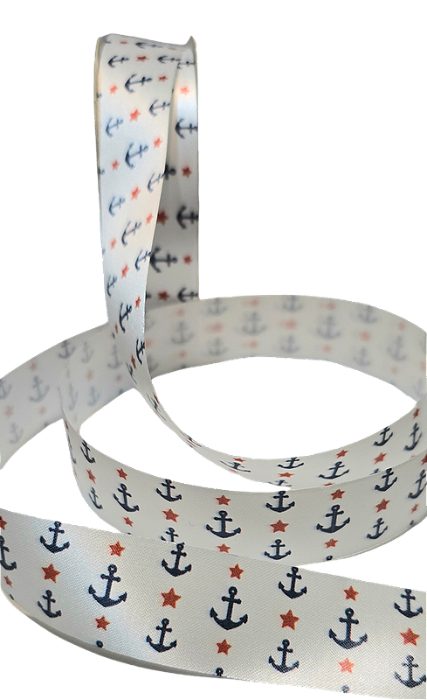 Fita de Cetim Estampa Digital Ancoras Marinheiro Branca 25mm com 10 Metros