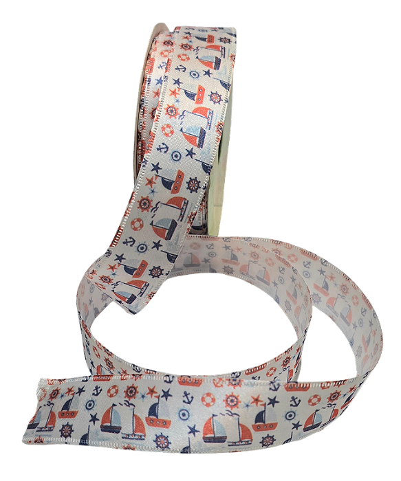 Fita de Cetim Estampa Digital Barcos Marinheiro 25mm com 10 Metros