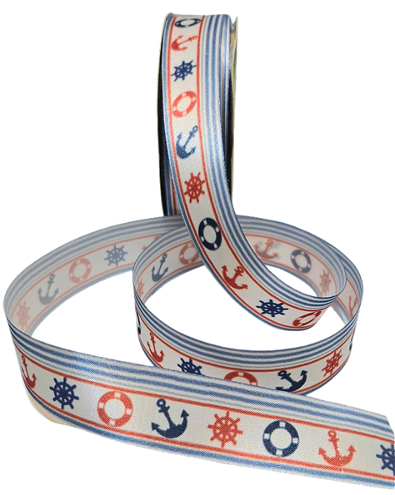 Fita de Cetim Estampa Digital Listras Marinheiro Branca 25mm com 10 Metros