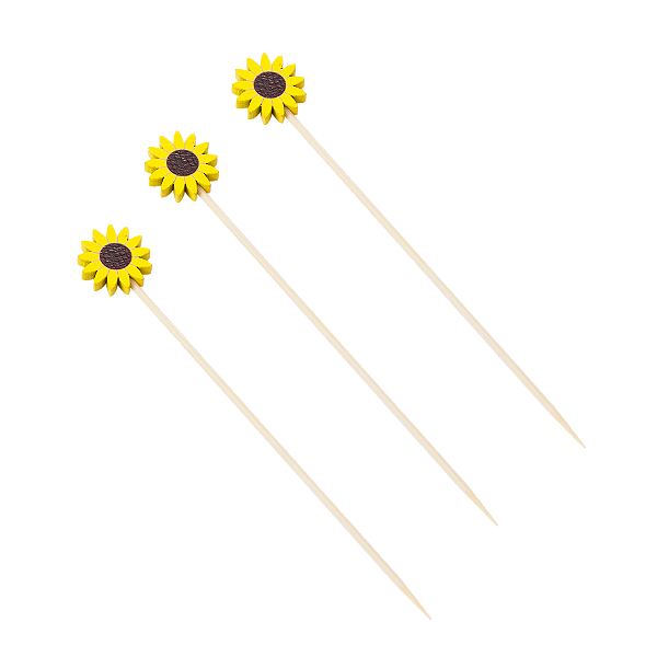 Palito de Petisco de Bambu com Girassol de Madeira 12cm com 12Un - Silver Plastic