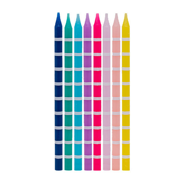 Velas de Aniversário Palitos Coloridos com Listras Brancas 13cm com 8 Un - Silver