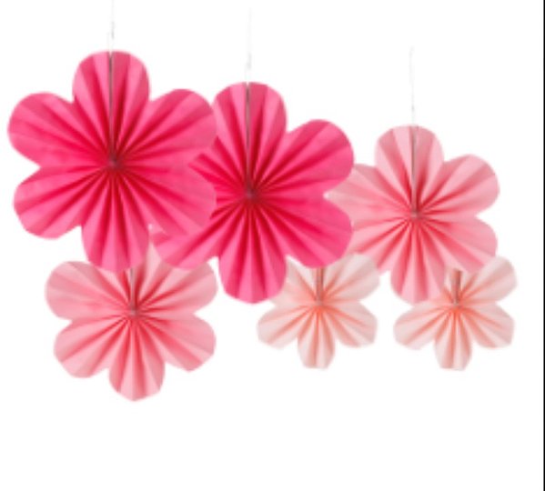 Decoração Leque de Papel Formato Flores Rosa com 6 Un 20cm, 25cm e 35cm - Silver