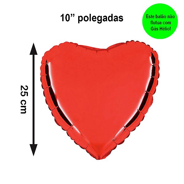 Balão Metalizado Coração Vermelho 10 Polegadas com 6 Un NÃO FLUTUA COM GÁS HELIO - Silver