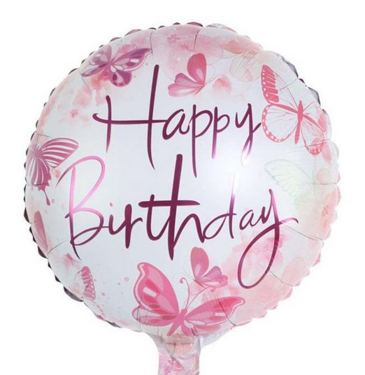 Balão Metalizado Redondo Happy Birthday Borboletas Rosas 18 Polegadas