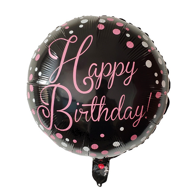 Balão Metalizado Redondo Happy Birthday Black Pink 18 Polegadas