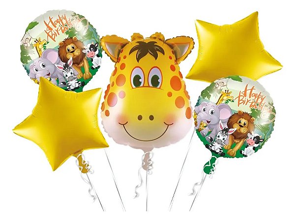 Kit Balões Metalizados Festa Safari Girafa Estrelas com 5 Unidades Sortidas