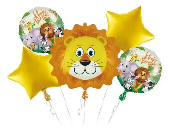 Kit Balões Metalizados Festa Safari Leão com 5 Unidades Sortidas