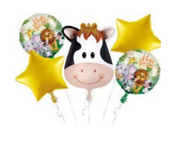 Kit Balões Metalizados Festa Safari Vaca com 5 Unidades Sortidas