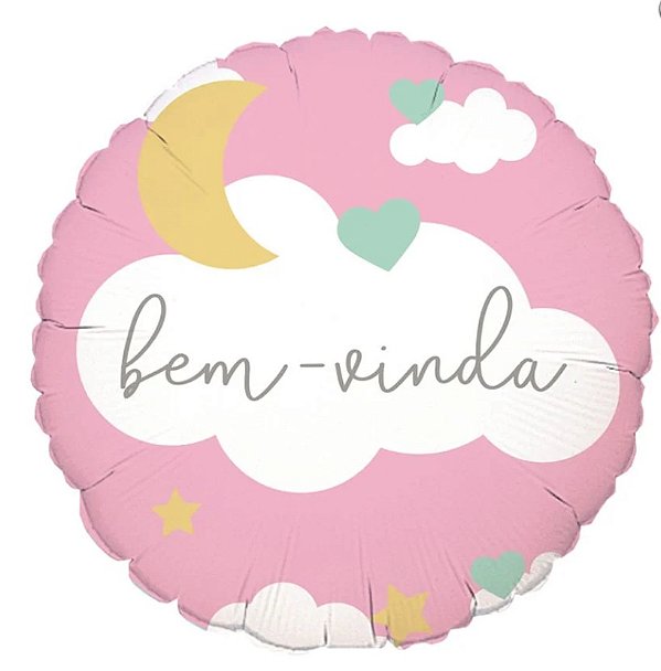 Balão Metalizado Redondo Estampa Bem Vinda Rosa 18 Polegadas
