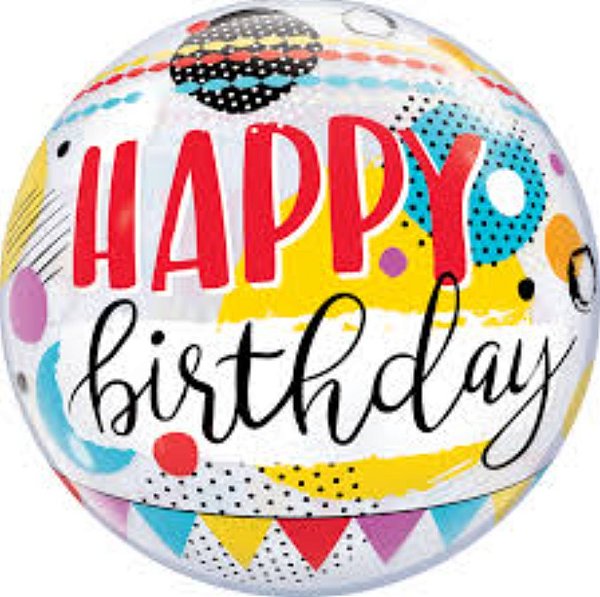 Balão Bubble Qualatex 22 Polegadas Happy Birthday Padrões e Pontos com 1 Unidade