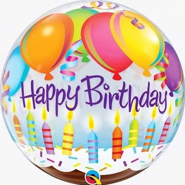 Balão Bubble Qualatex 22 Polegadas Happy Birthday Balões e Velas com 1 Unidade