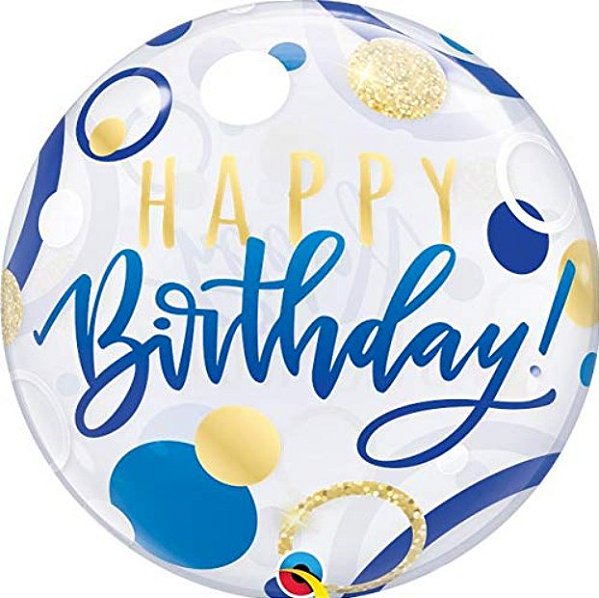 Balão Bubble Qualatex 22 Polegadas Happy Birthday Azul Ouro com 1 Unidade