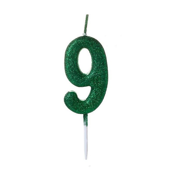 Vela de Aniversário Número Glitter Verde Pequena 9 - Silver