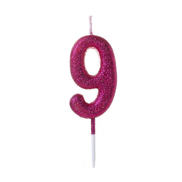 Vela de Aniversário Número Glitter Pink Pequena 9 - Silver