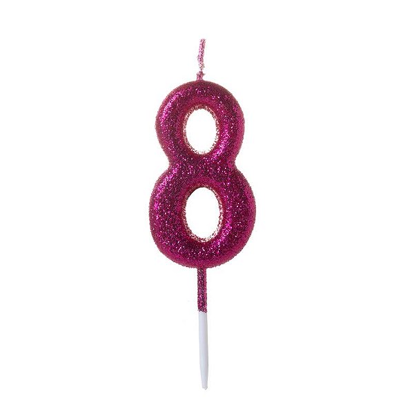 Vela de Aniversário Número Glitter Pink Pequena 8 - Silver