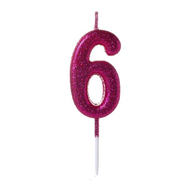 Vela de Aniversário Número Glitter Pink Pequena 6 - Silver