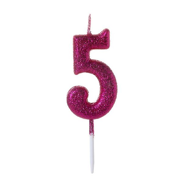 Vela de Aniversário Número Glitter Pink Pequena 5 - Silver