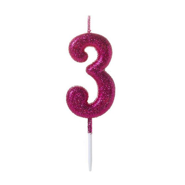 Vela de Aniversário Número Glitter Pink Pequena 3 - Silver