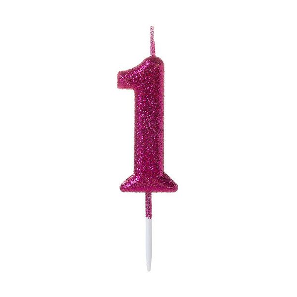 Vela de Aniversário Número Glitter Pink Pequena 1 - Silver
