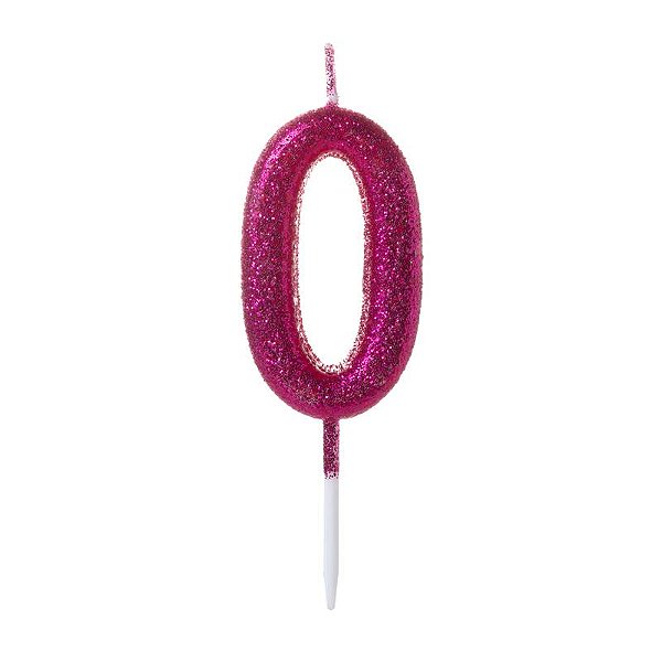 Vela de Aniversário Número Glitter Pink Pequena 0 - Silver