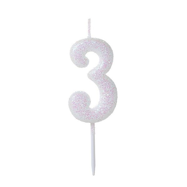 Vela de Aniversário Número Glitter Branco Pequena 3 - Silver