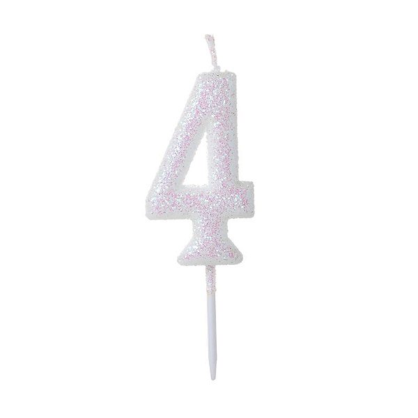 Vela de Aniversário Número Glitter Branco Pequena 4 - Silver