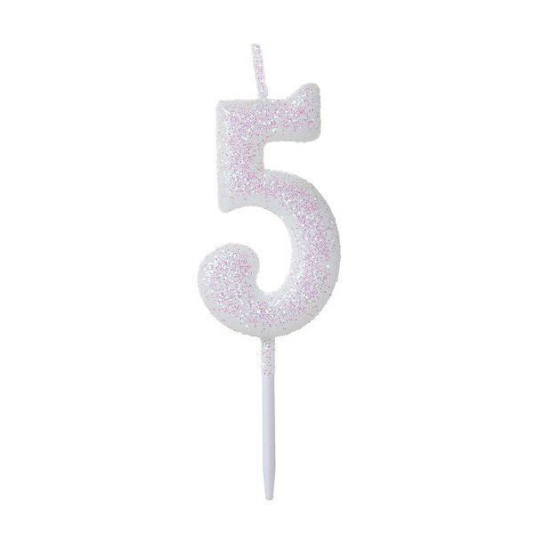 Vela de Aniversário Número Glitter Branco Pequena 5 - Silver
