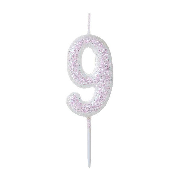 Vela de Aniversário Número Glitter Branco Pequena 9 - Silver