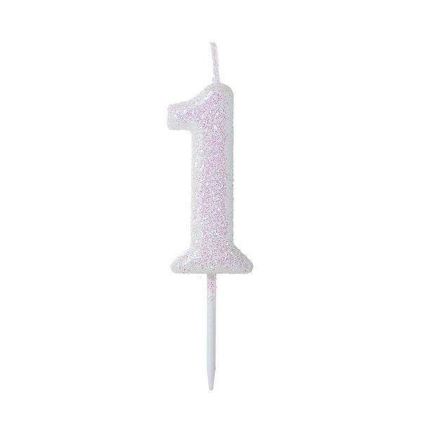 Vela de Aniversário Número Glitter Branco Pequena 1 - Silver