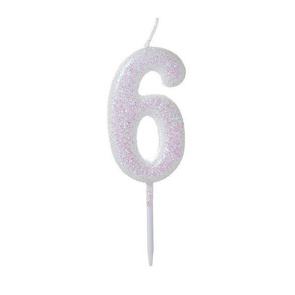 Vela de Aniversário Número Glitter Branco Pequena 6 - Silver