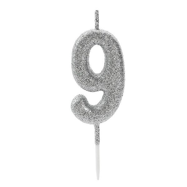 Vela de Aniversário Número 9 Glitter Prata Pequena - Silver