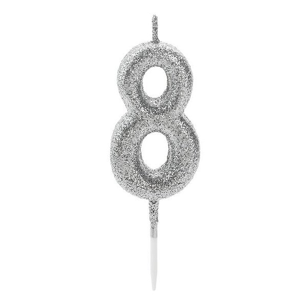 Vela de Aniversário Número 8 Glitter Prata Pequena - Silver