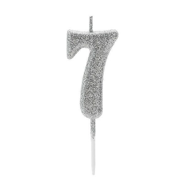 Vela de Aniversário Número 7 Glitter Prata Pequena - Silver
