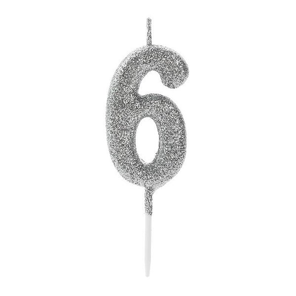 Vela de Aniversário Número 6 Glitter Prata Pequena - Silver