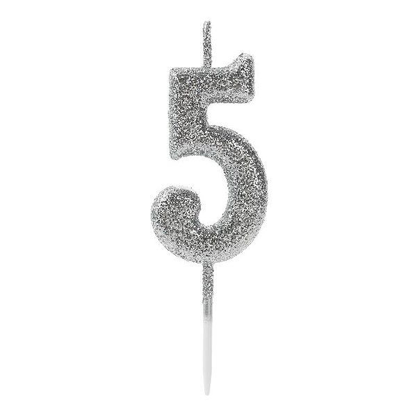 Vela de Aniversário Número 5 Glitter Prata Pequena - Silver