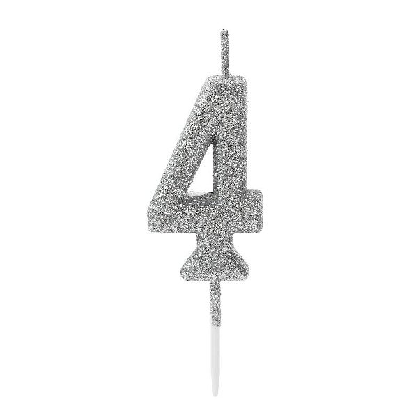 Vela de Aniversário Número 4 Glitter Prata Pequena - Silver